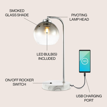 Ada 20" Industrial Contemporary Iron/Glass LED Task Lamp with USB Charging Port - JONATHAN Y